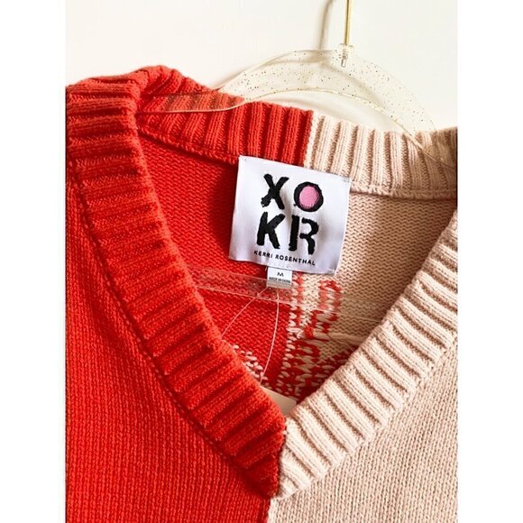 XO Kerri Rosenthal Heart Color Block V-Neck Sweater Sz M Radiant red pink blush - Picture 5 of 11